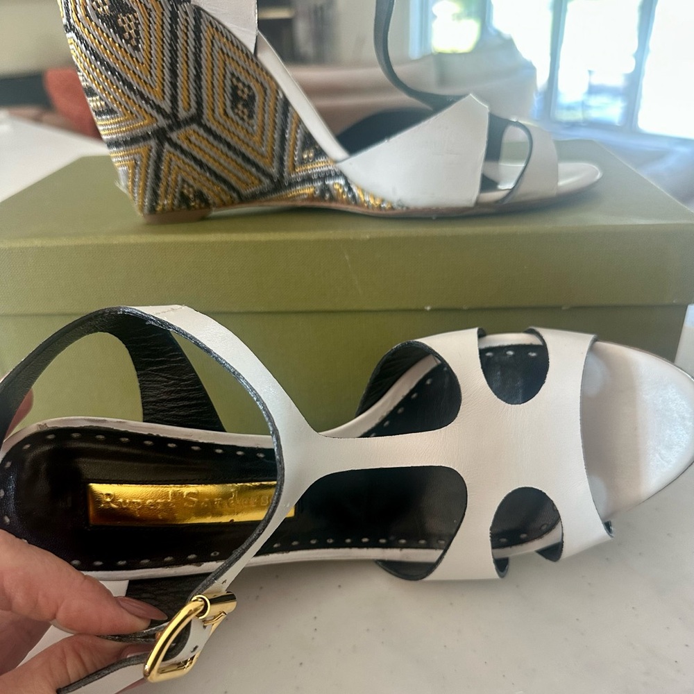 Saks Fifth Avenue White Wedges with Gold Accents